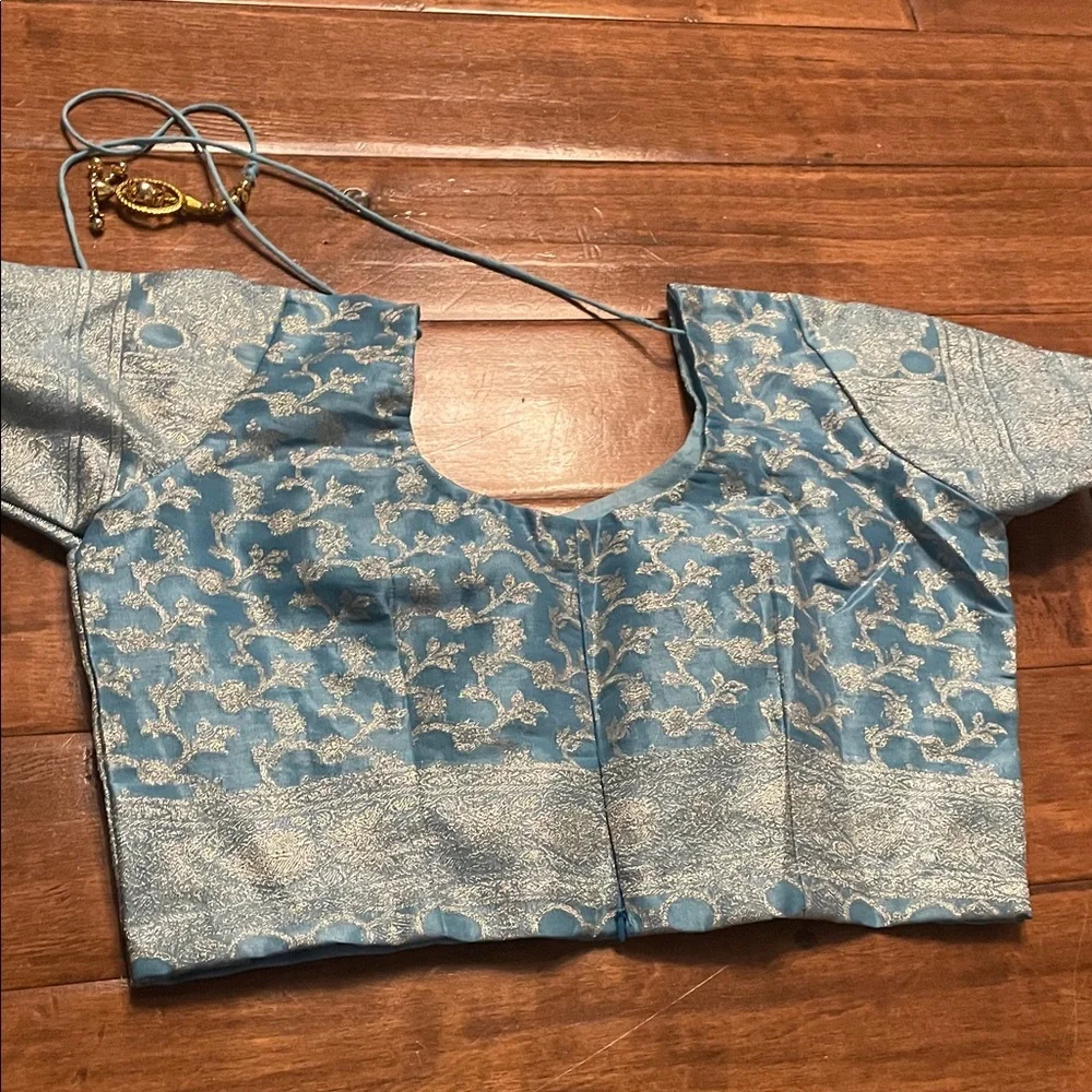 Light Blue Brocade Women's Lengha - Picture 3 of 4